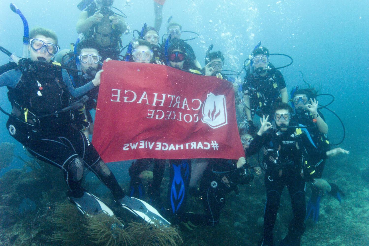学生们手持<a href='http://bkhz.ngskmc-eis.net'>bv伟德ios下载</a>旗帜，在j学期洪都拉斯游学之旅中潜水.